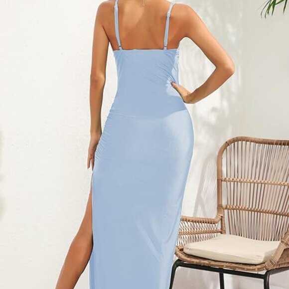 AIGEMAN Women Spaghetti Strap Sexy Maxi Dress Ruched High Slit Dress Sz: S Blue - Picture 3 of 11